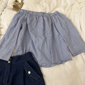 Zara blue and white seersucker off the shoulder top